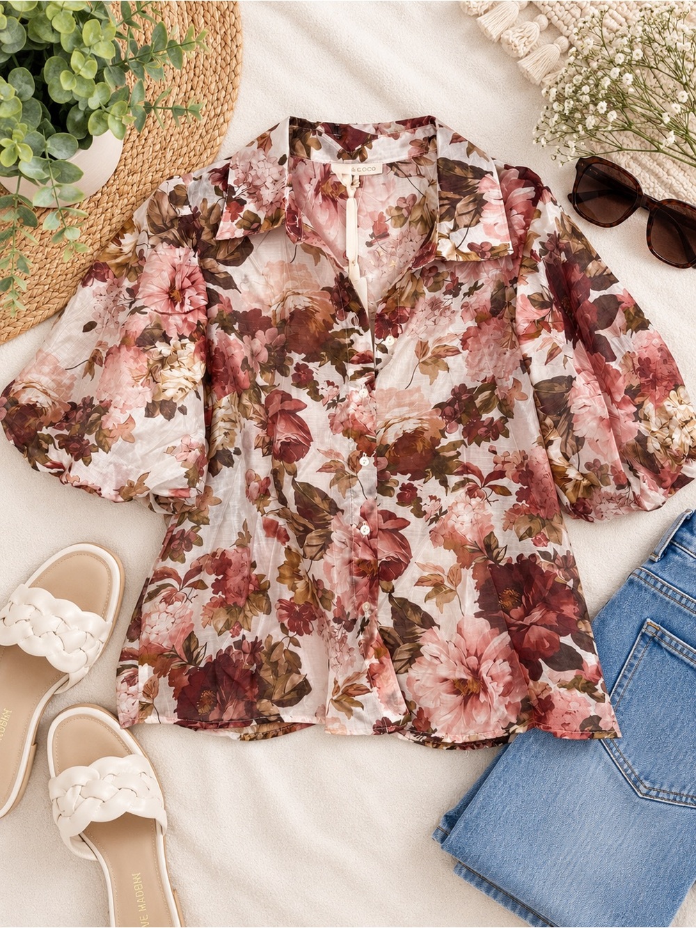Sheer Floral Button-Front Blouse in Pink & Brown